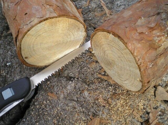 отрезаем кусок бревна для изготовления деревянного примуса